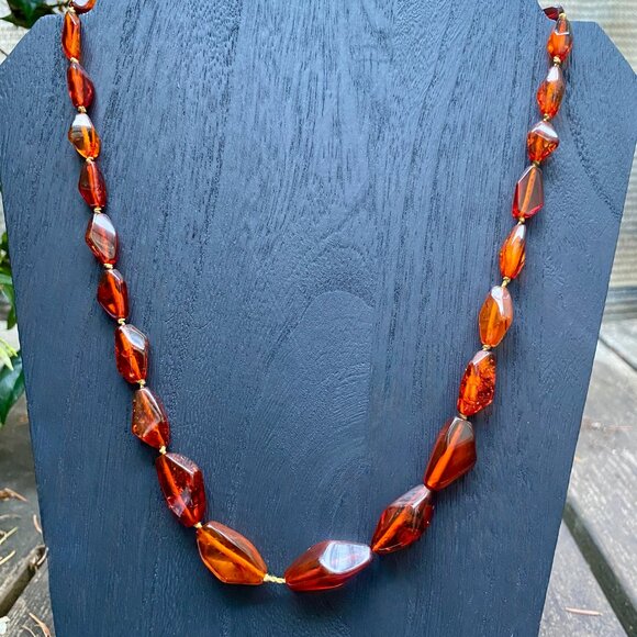 Vintage|Antique Geometric Honey-Cognac  Genuine BALTIC AMBER  24”Beaded NECKLACE - Picture 1 of 8